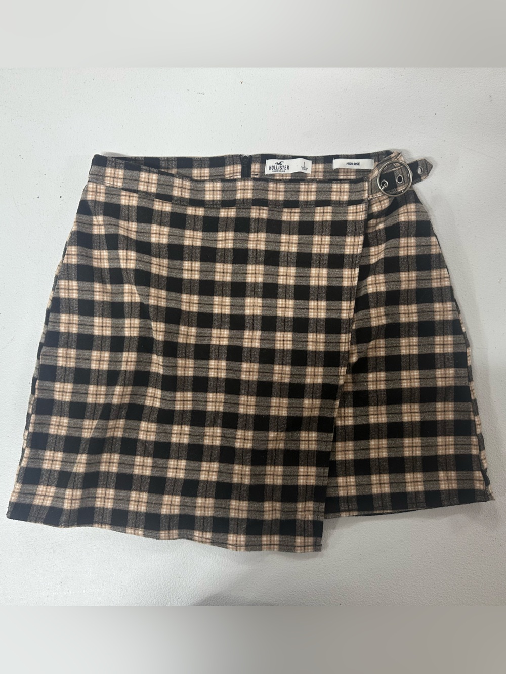 Hollister Black and Tan Plaid Wrap Skirt with Buckle